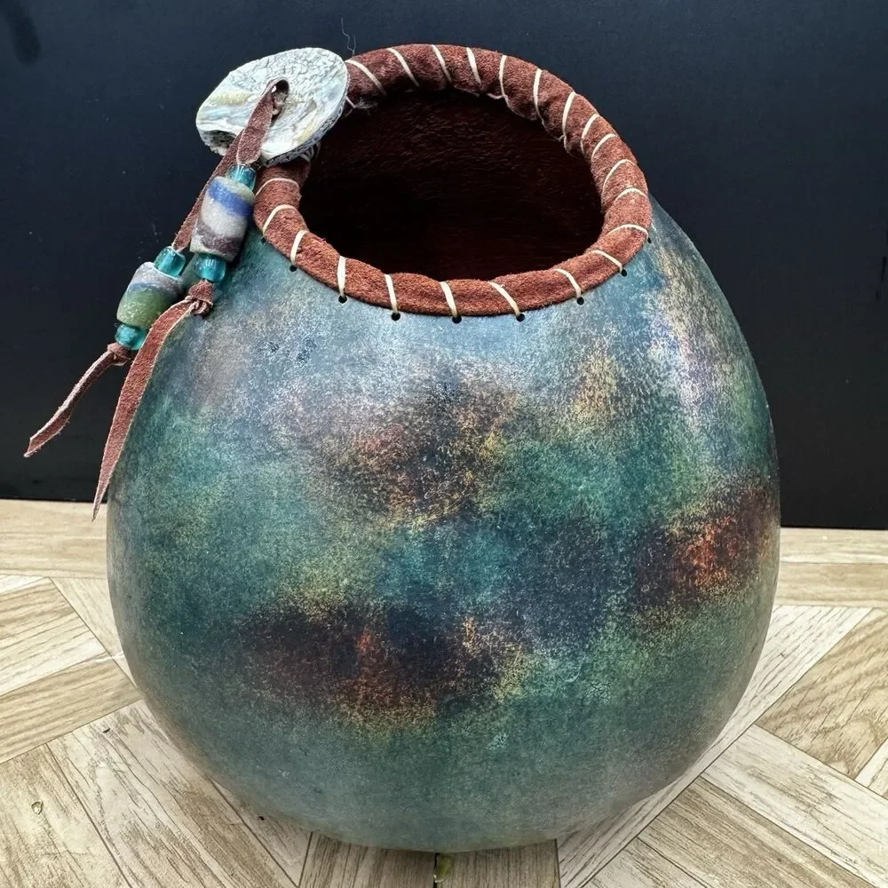 John Gibson Signed Artisan Gourd Vessel Hand Painted Studio Pottery Folk Art